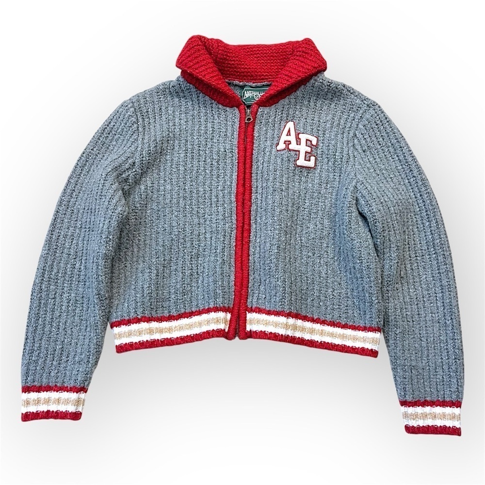 American Eagle Y2K Vintage Varsity full zip cardigan Sweater, grey and red,sz M - Picture 2 of 10